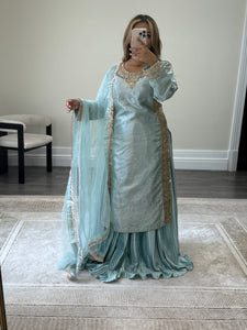 Sheesha silk suit with Gota work and embroidery and silk pleated lehenga and cotton net duppata. Party wear. Asian wedding suit.
