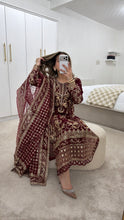 Load image into Gallery viewer, Maroon embroidered suit with full embellishment detailing and organza embroidered duppata. Crepe trouser. Eid collection and party wear