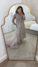 Load image into Gallery viewer, Light lilac / grey organza suit with embellishment and embroidery with duppata and trouser. Asian party wear suit.