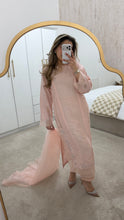 Load image into Gallery viewer, Korean raw silk suit with emrboidery and lace details. Organza duppata. Party wear. Eid collection.