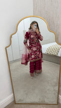 Load image into Gallery viewer, Jazmin inspired chiffon embroidered suit with chiffon duppata and wide leg embroidered trouser