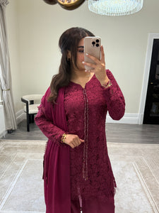 Croatia suit with embellishments and trouser. Chiffon duppata. South Asian party wear suits