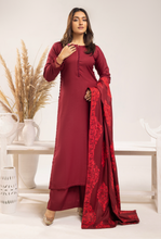 Load image into Gallery viewer, Dhanak embroidered shawl 3 piece suit Red