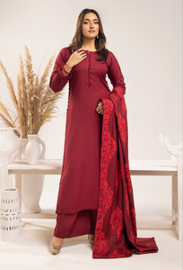 Dhanak embroidered shawl 3 piece suit Red