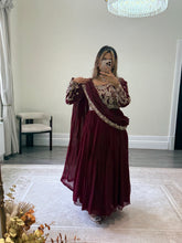 Load image into Gallery viewer, Chiffon frock style suit with sari draped duppata and hand embellishments and silk trouser. Eid collection. Party wear.