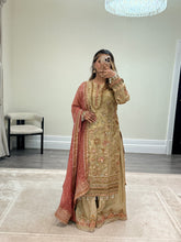 Load image into Gallery viewer, DEFECTIVE Baroque inspired golden chiffon embroidered suit with sharara with chiffon duppata. (Copy)
