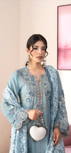 Load image into Gallery viewer, Maria B inspired collection. Chiffon shirt with embroidery and embellishments. Trouser and duppata.