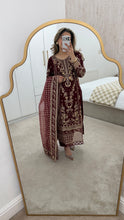 Load image into Gallery viewer, Maroon embroidered suit with full embellishment detailing and organza embroidered duppata. Crepe trouser. Eid collection and party wear