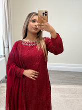 Load image into Gallery viewer, Sparkle Golden chiffon suit with embroidered chiffon duppata and trouser. Party wear. Eid collection.