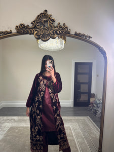 Velvet embroidered gown with silk inner and trouser