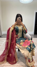 Load image into Gallery viewer, silk green floral embroidered 3 piece suit with khadi net duppata