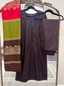 Dhanak 3 piece suit with shawl duppata Brown