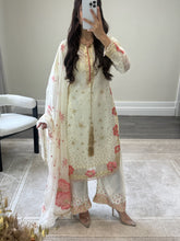 Load image into Gallery viewer, Black/ white chiffon embroidered suit with sequin embroidery and embellishments. Chiffon duppata. Eid and party wear.