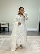 Load image into Gallery viewer, Lace net pearl embellished suit with trouser with chiffon duppata.