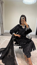 Load image into Gallery viewer, Black/pink velvet embroidered suit with velvet trouser and chiffon duppata