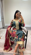 Load image into Gallery viewer, silk green floral embroidered 3 piece suit with khadi net duppata