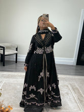 Load image into Gallery viewer, Maria b inspired black chiffon frock with embroidered and rhinestone detailing with trouser and chiffon duppata