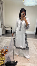 Load image into Gallery viewer, Raw silk black and white hand embroidered 3 piece suit with organza duppata