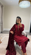 Load image into Gallery viewer, DEFECTIVE Dhanak embroidered suit with plachi shawl and jewelled tassel on neckline￼