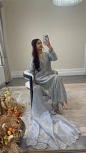 Load image into Gallery viewer, Cutdana grey/blue suit with embroidered cotton net duppata and trouser. Party wear. Eid collection.