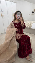 Load image into Gallery viewer, Red velvet embroidered suit with mirror work and wid leg trouser and organza duppata. Eid collection party wear