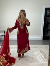 Load image into Gallery viewer, Beautiful handwork embroidered suit in red silk with cotton net duppata and trouser. Perfect wedding wear suit.