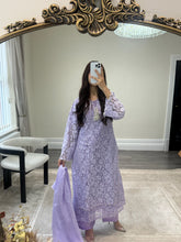 Load image into Gallery viewer, Lilac Lace net pearl embellished suit with trouser with chiffon duppata.