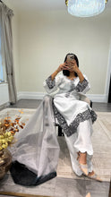 Load image into Gallery viewer, Raw silk black and white hand embroidered 3 piece suit with organza duppata