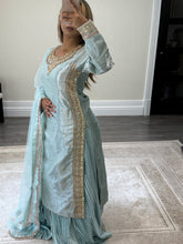 Load image into Gallery viewer, Sheesha silk suit with Gota work and embroidery and silk pleated lehenga and cotton net duppata. Party wear. Asian wedding suit.