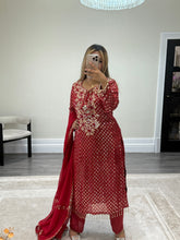 Load image into Gallery viewer, Red embroidered suit with foil work and mirror work embellishments with trouser and chiffon duppata