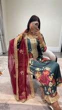 Load image into Gallery viewer, silk green floral embroidered 3 piece suit with khadi net duppata