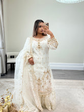 Load image into Gallery viewer, Elegant white beauty diamonte 3 piece suit with organza duppata and sharara