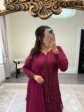 Load image into Gallery viewer, Croatia suit with embellishments and trouser. Chiffon duppata. South Asian party wear suits