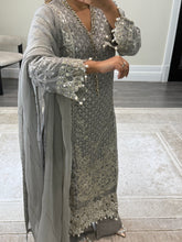 Load image into Gallery viewer, Grey Maria b inspired chiffon suit with embellishment and embroidery with chiffon duppata and trouser. Asian party wear suit.