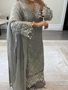 Grey Maria b inspired chiffon suit with embellishment and embroidery with chiffon duppata and trouser. Asian party wear suit.