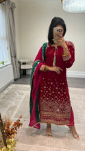 Load image into Gallery viewer, Sparkle red velvet embroidered suit with silk trouser and chiffon duppata