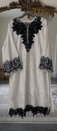 Maria B inspired lawn embroidered balck and white 3 piece suit with organa block print duppata