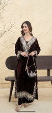 Load image into Gallery viewer, Design 2 Morrored Velvet Embroidered on trend kaftan with trouser and dupatta