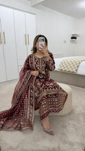 Load image into Gallery viewer, Maroon embroidered suit with full embellishment detailing and organza embroidered duppata. Crepe trouser. Eid collection and party wear