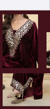 Load image into Gallery viewer, Design 2 Morrored Velvet Embroidered on trend kaftan with trouser and dupatta