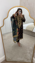 Load image into Gallery viewer, Black silk floral embroidered 3 piece suit with silk duppata