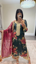 Load image into Gallery viewer, silk green floral embroidered 3 piece suit with khadi net duppata