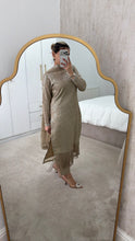 Load image into Gallery viewer, Sparkle Golden chiffon suit with embroidered chiffon duppata and trouser. Party wear. Eid collection.