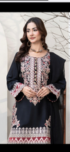 Load image into Gallery viewer, Black and Red Dhanak winter collection short shirt with button detailing with farshi shalwar and embroidered chiffon duppata (Copy)