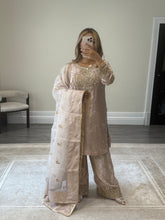 Load image into Gallery viewer, Silk embroidered suit with Gota work and embroidery and silk farshi shalwar and cotton net duppata. Party wear. Asian wedding suit.