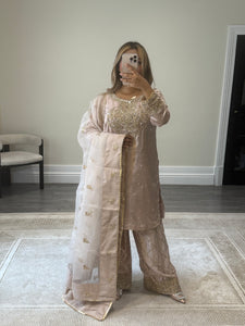 Silk embroidered suit with Gota work and embroidery and silk farshi shalwar and cotton net duppata. Party wear. Asian wedding suit.