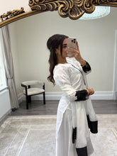 Load image into Gallery viewer, black and white embroidered raw silk suit with silk plazzo and chiffon duppata party wear suit