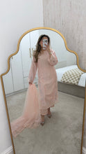 Load image into Gallery viewer, Korean raw silk suit with emrboidery and lace details. Organza duppata. Party wear. Eid collection.