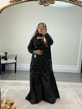 Load image into Gallery viewer, Organza cutwork embroidered shirt with wide leg silk plazzo and medium silk duppata. Eid collection