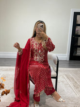 Load image into Gallery viewer, Red embroidered suit with foil work and mirror work embellishments with trouser and chiffon duppata
